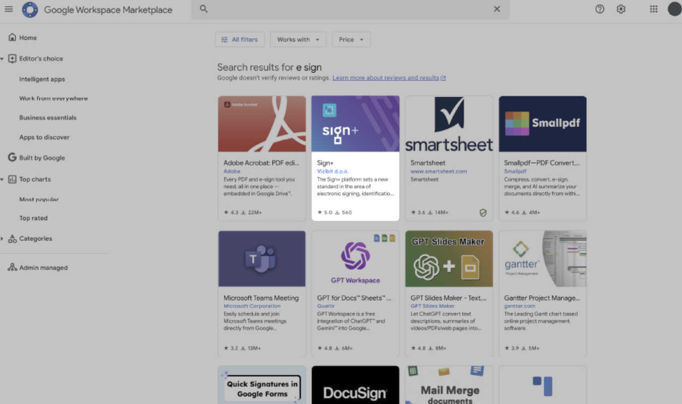 Google Workspace Marketplace - rezultati pretrage za e sign, istaknut dodatak Sign+ tvrtke Vizibit d.o.o