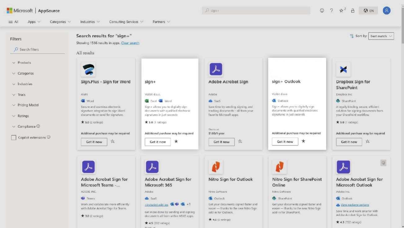 Microsoft AppSource - rezultati pretrage za sign+, dodaci Sign+ i Sign+ Outlook tvrtke Vizibit d.o.o